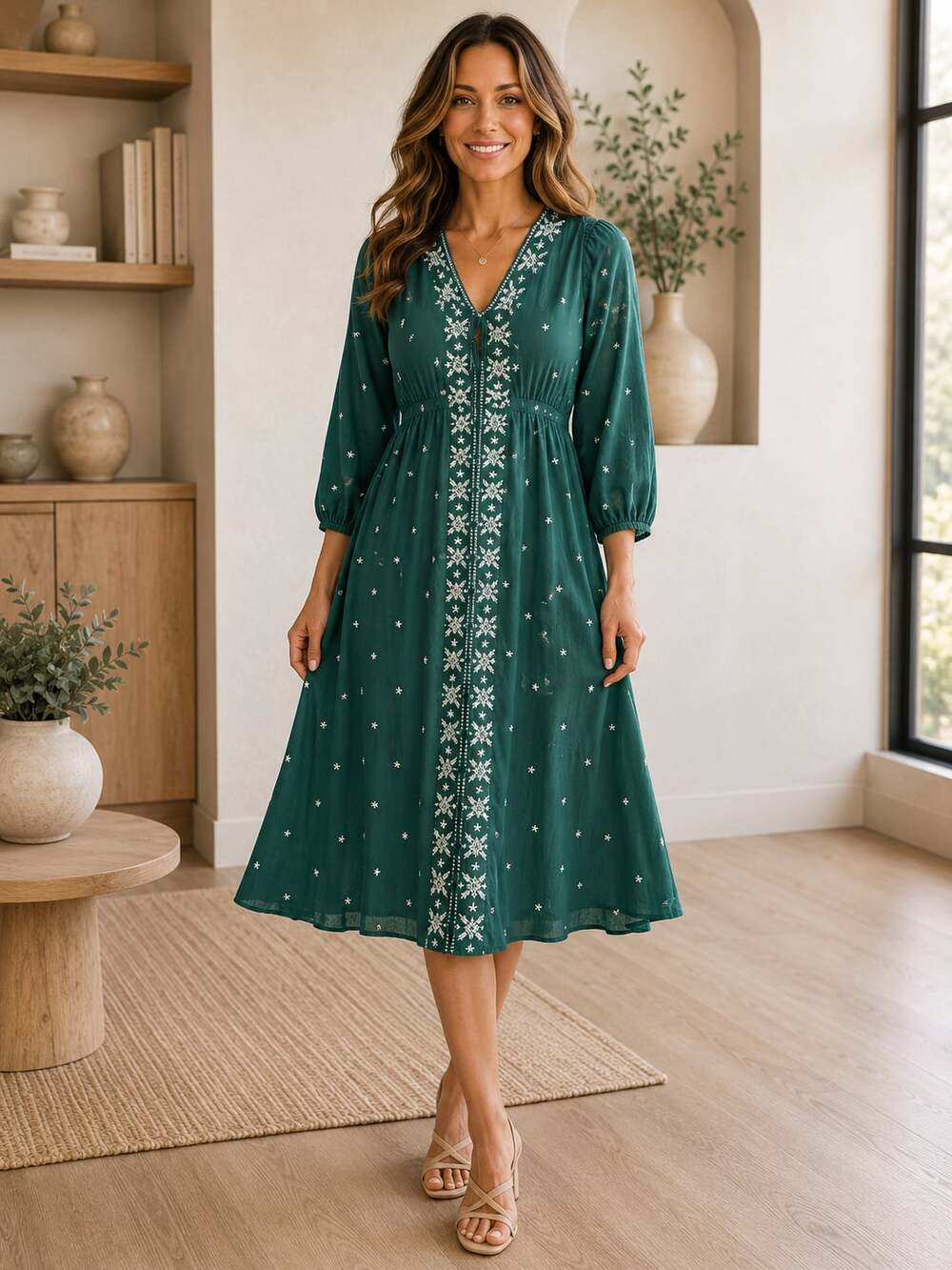 Piper & Scoot Exclusive Green Embroidered Tassel Midi Dress Large Boho Rayon